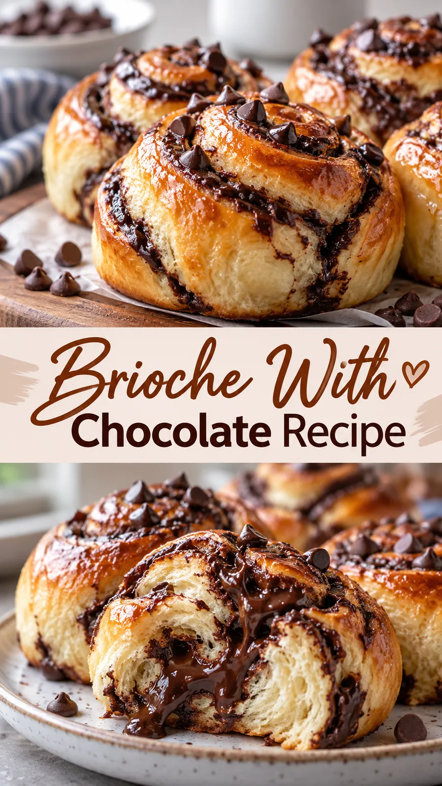 Pinterest image for Brioche With Chocolate Recipe, with two photos of the recipe
