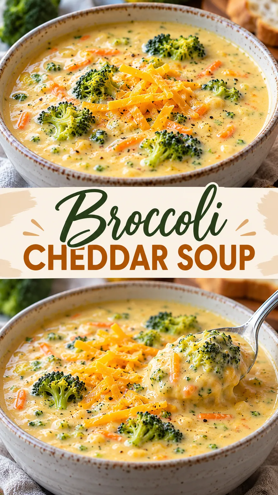 Pinterest image for Broccoli Cheddar Soup, with two photos of the recipe
