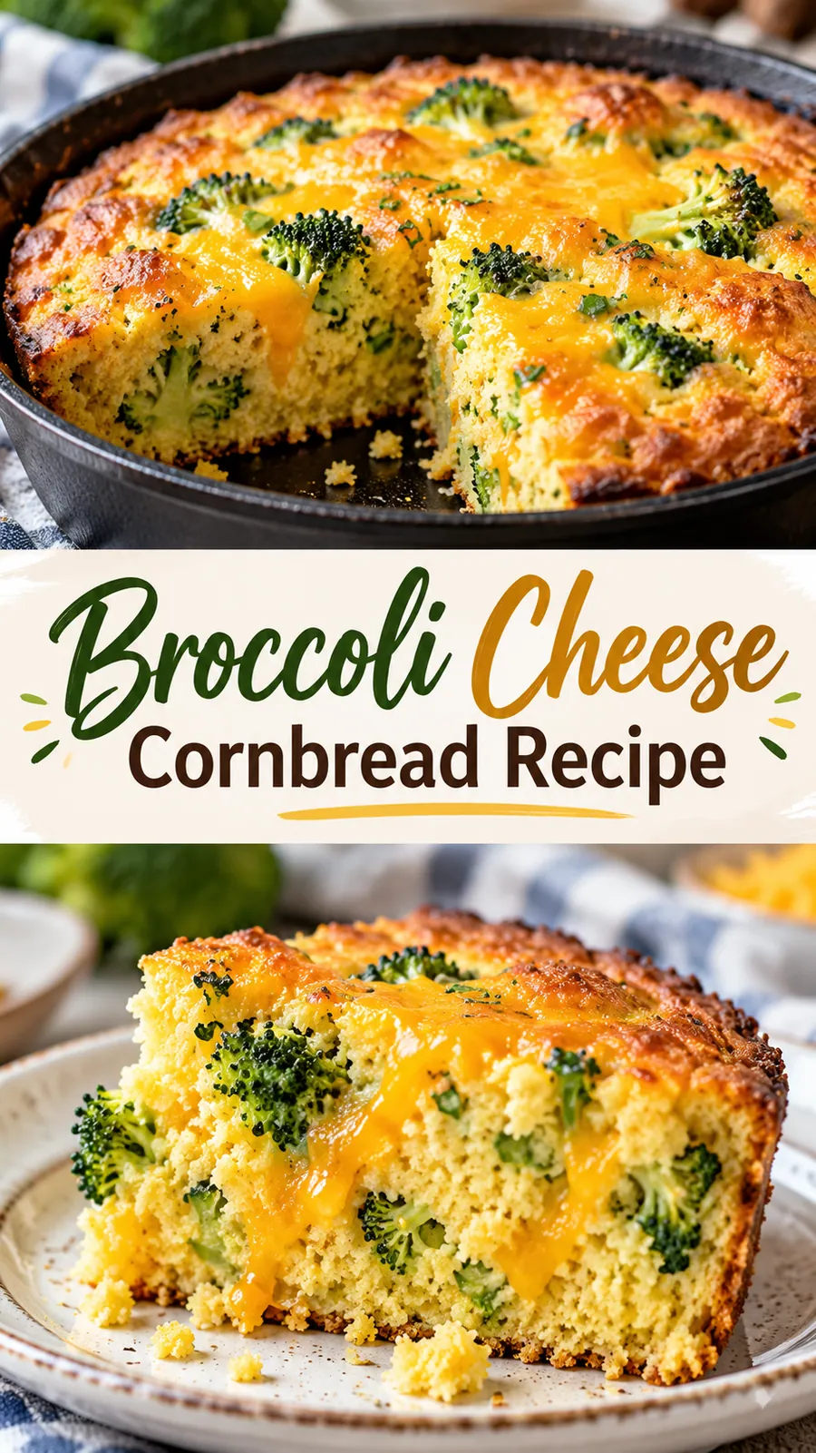 Pinterest image for Broccoli Cheese Cornbread Recipe, with two photos of the recipe