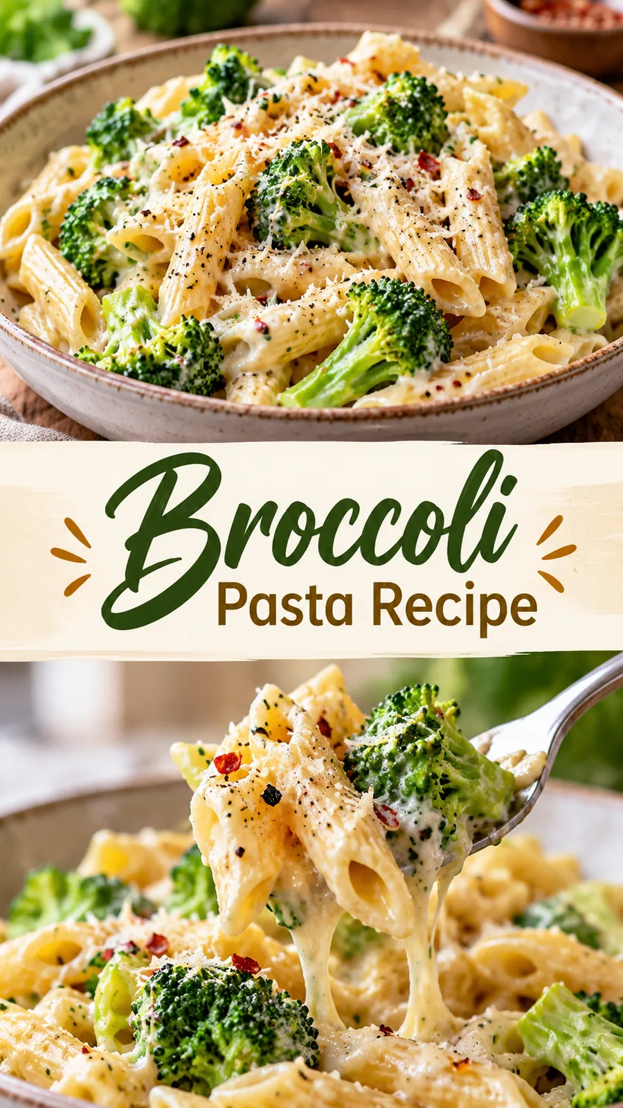 Pinterest image for Broccoli Pasta Recipe, with two photos of the recipe
