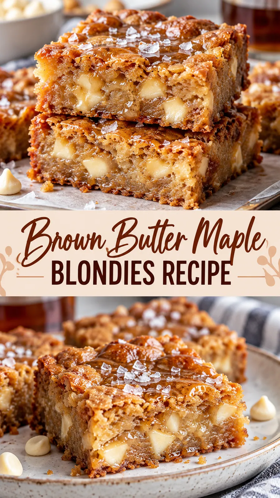 Pinterest image for Brown Butter Maple Blondies Recipe, with two photos of the recipe