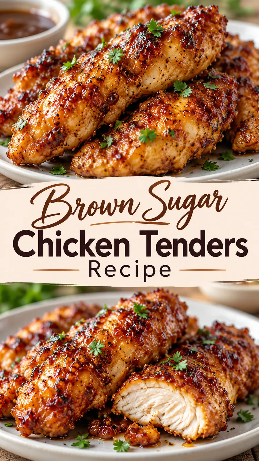 Pinterest image for Brown Sugar Chicken Tenders Recipe, with two photos of the recipe