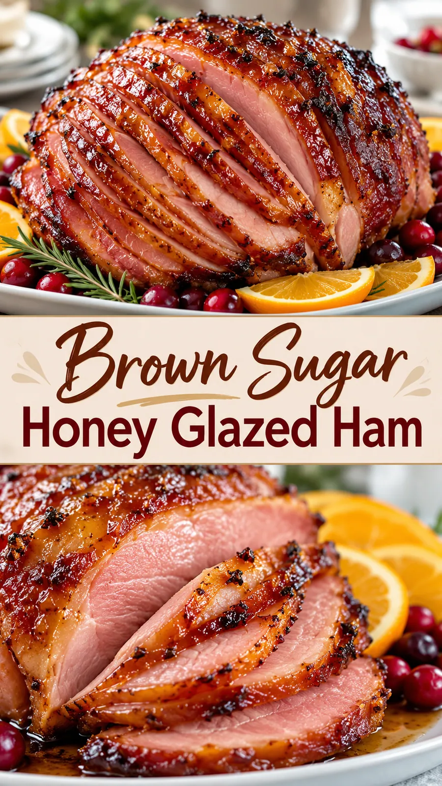 Pinterest image for Brown Sugar Honey Glazed Ham, with two photos of the recipe