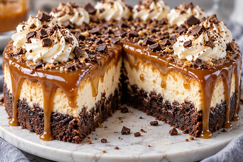 Brownie Cheesecake with Dulce de Leche, ready to serve