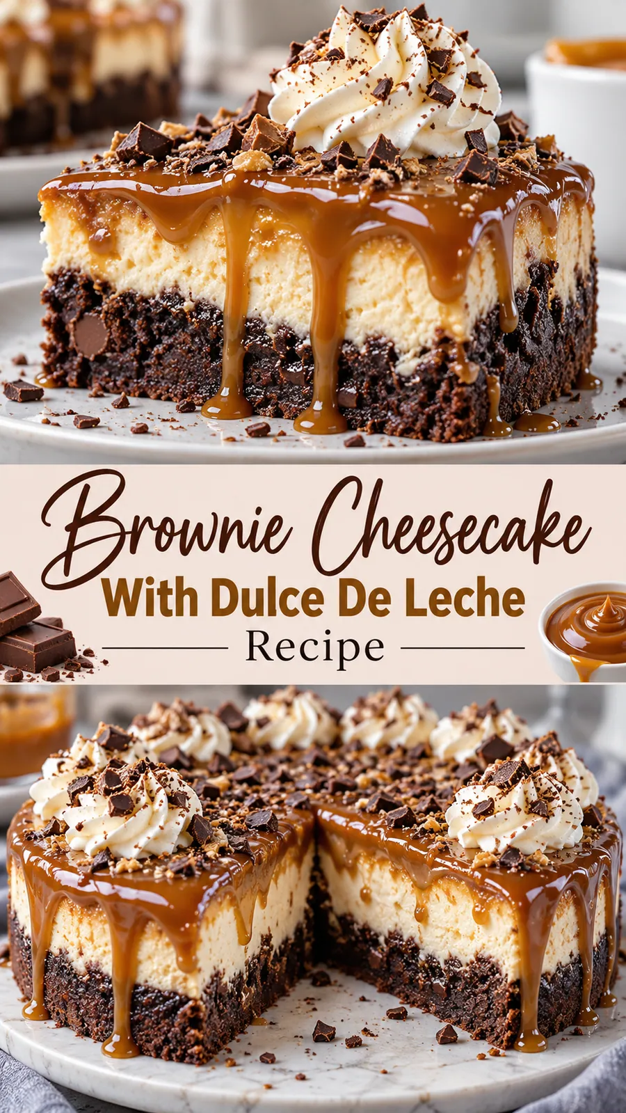 Pinterest image for Brownie Cheesecake With Dulce De Leche Recipe, with two photos of the recipe