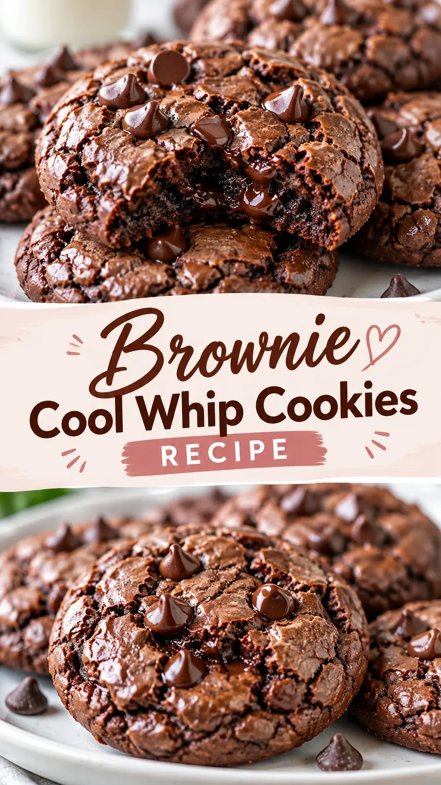 Pinterest image for Brownie Cool Whip Cookies Recipe, with two photos of the recipe