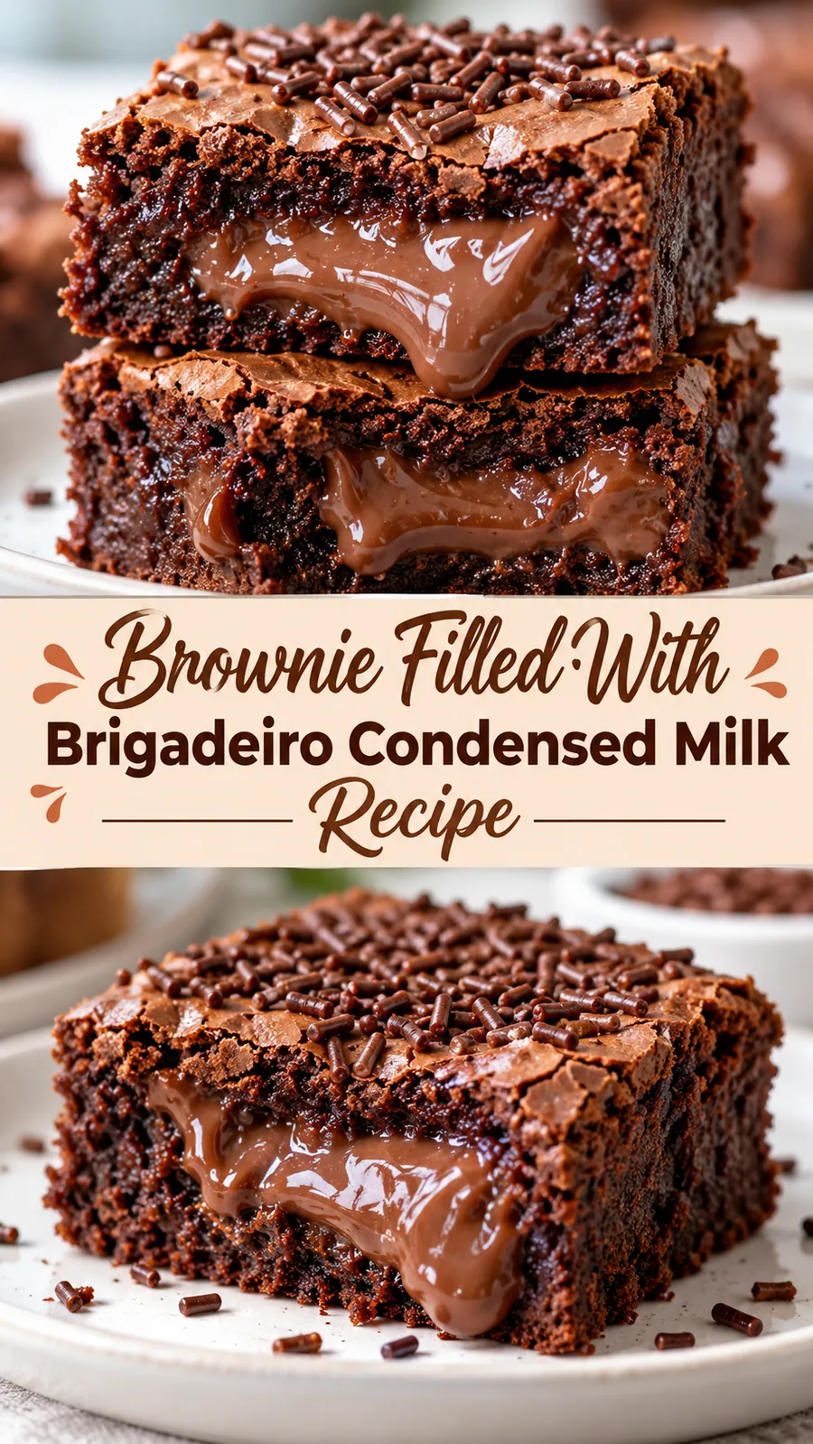 Pinterest image for Brownie Filled With Brigadeiro Condensed Milk Recipe, with two photos of the recipe