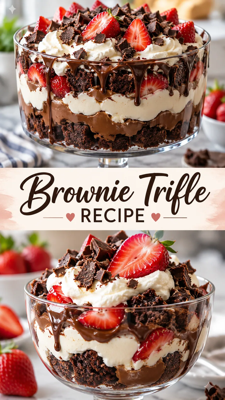 Pinterest image for Brownie Trifle Recipe, with two photos of the recipe