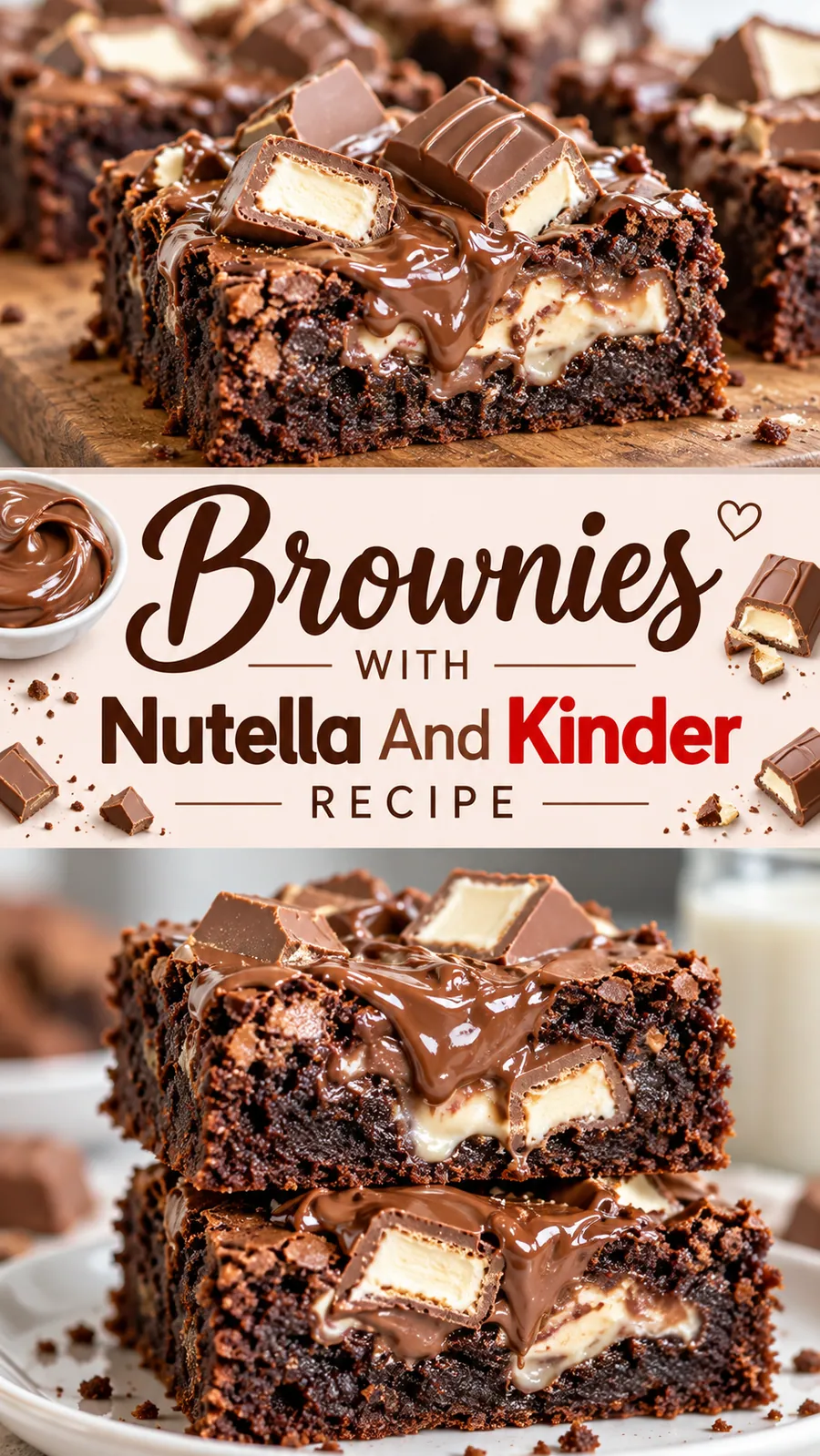 Pinterest image for Brownies With Nutella And Kinder Recipe, with two photos of the recipe