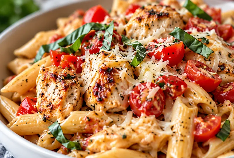 Bruschetta Chicken Pasta Recipe, ready to serve