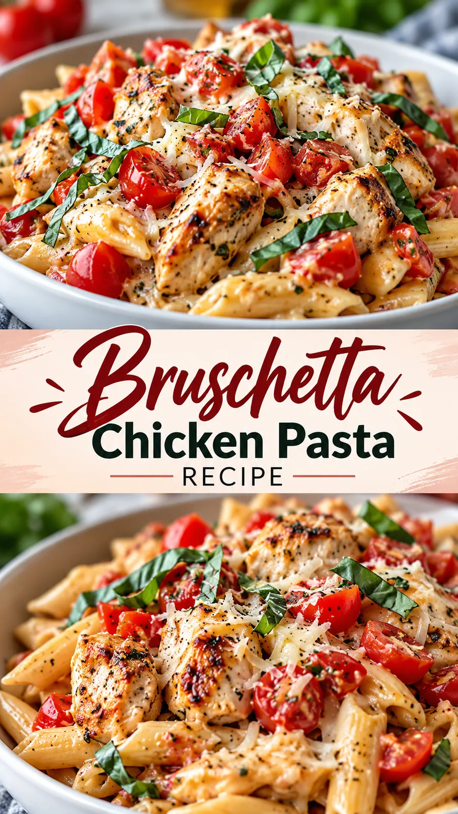 Pinterest image for Bruschetta Chicken Pasta Recipe, with two photos of the recipe