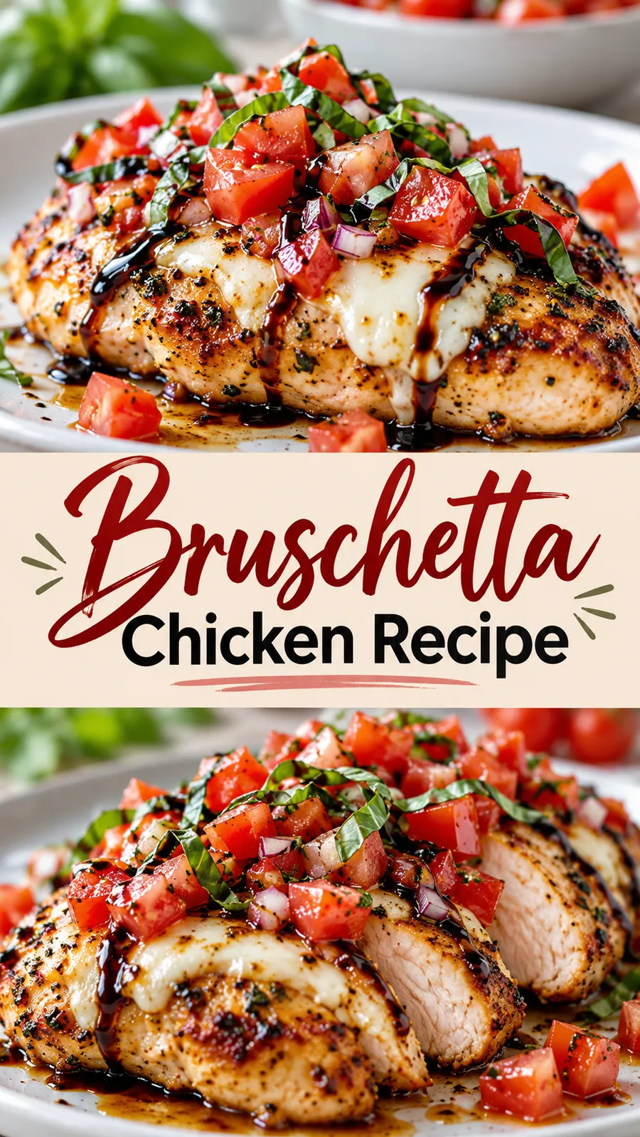 Pinterest image for Bruschetta Chicken Recipe, with two photos of the recipe