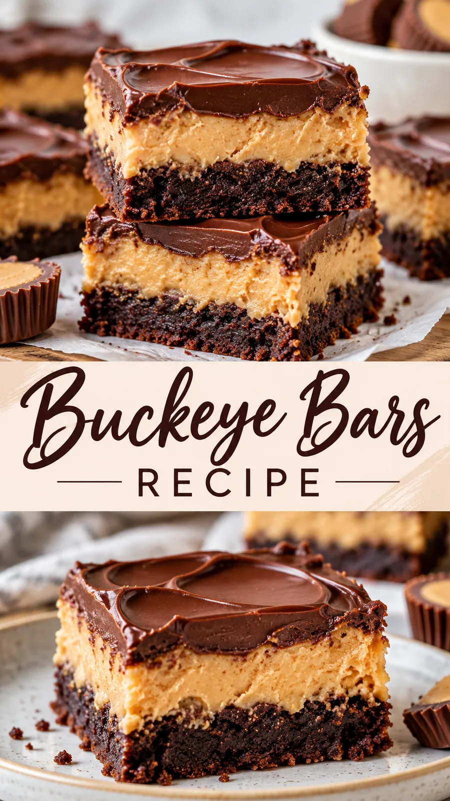 Pinterest image for Buckeye Bars Recipe, with two photos of the recipe