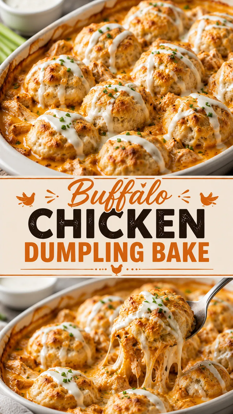 Pinterest image for Buffalo Chicken Dumpling Bake, with two photos of the recipe