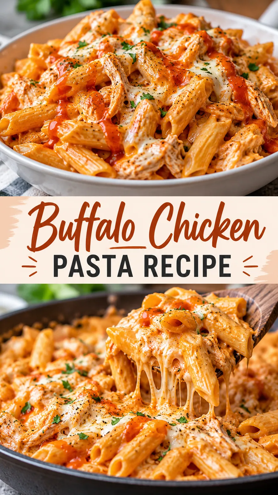Pinterest image for Buffalo Chicken Pasta Recipe, with two photos of the recipe