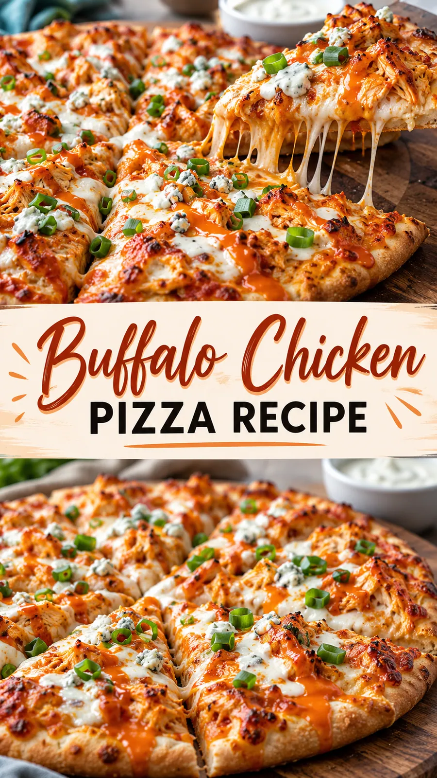 Pinterest image for Buffalo Chicken Pizza Recipe, with two photos of the recipe