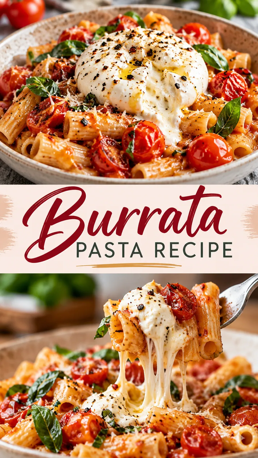 Pinterest image for Burrata Pasta Recipe, with two photos of the recipe