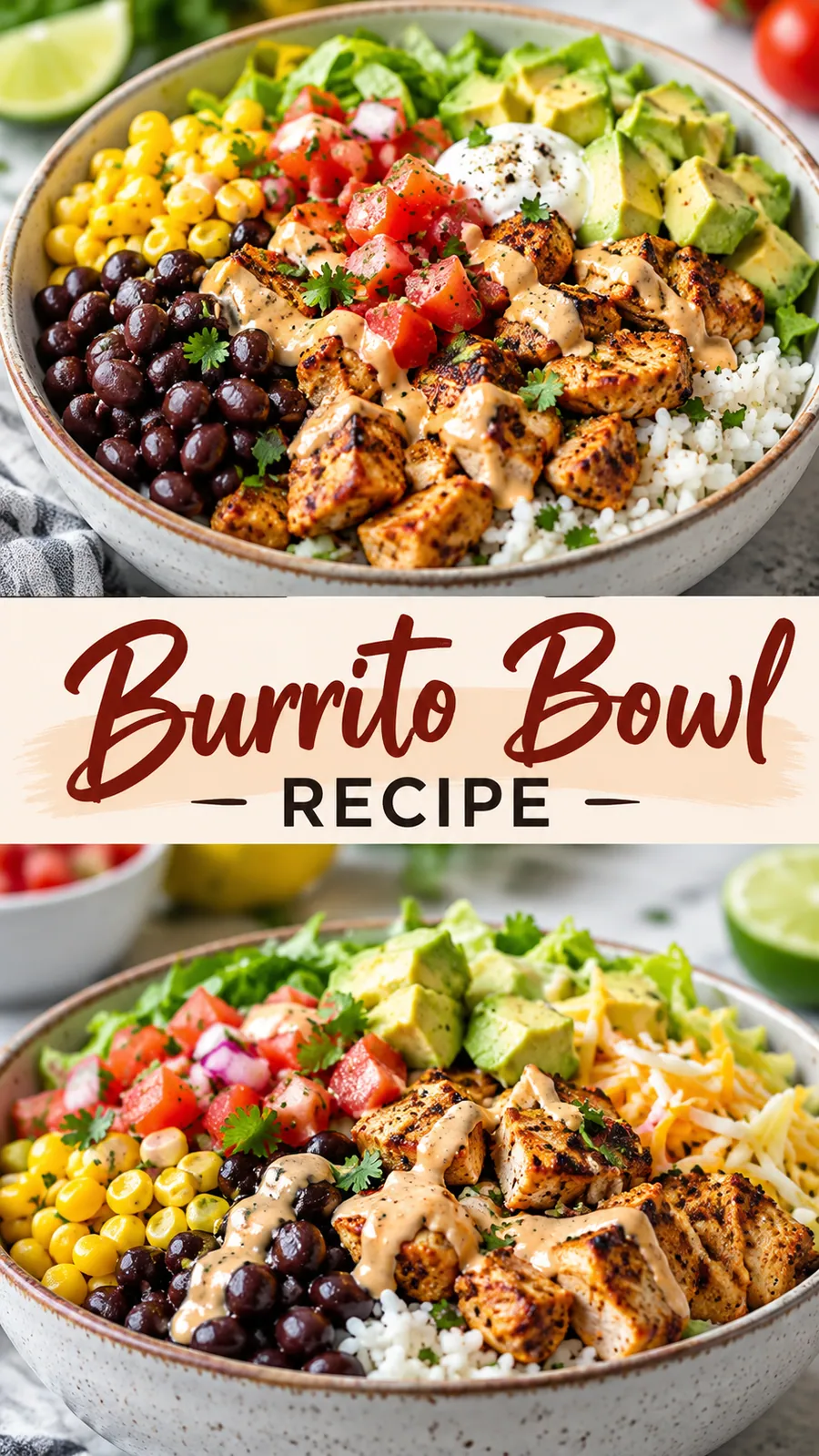 Pinterest image for Burrito Bowl Recipe, with two photos of the recipe