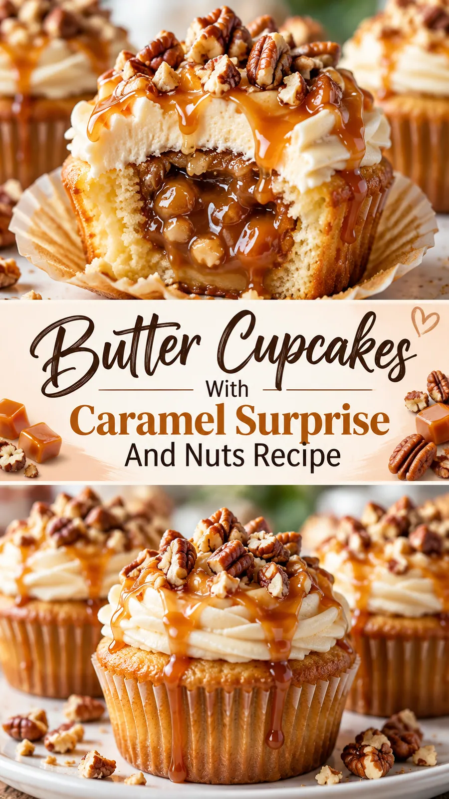 Pinterest image for Butter Cupcakes With Caramel Surprise And Nuts Recipe, with two photos of the recipe