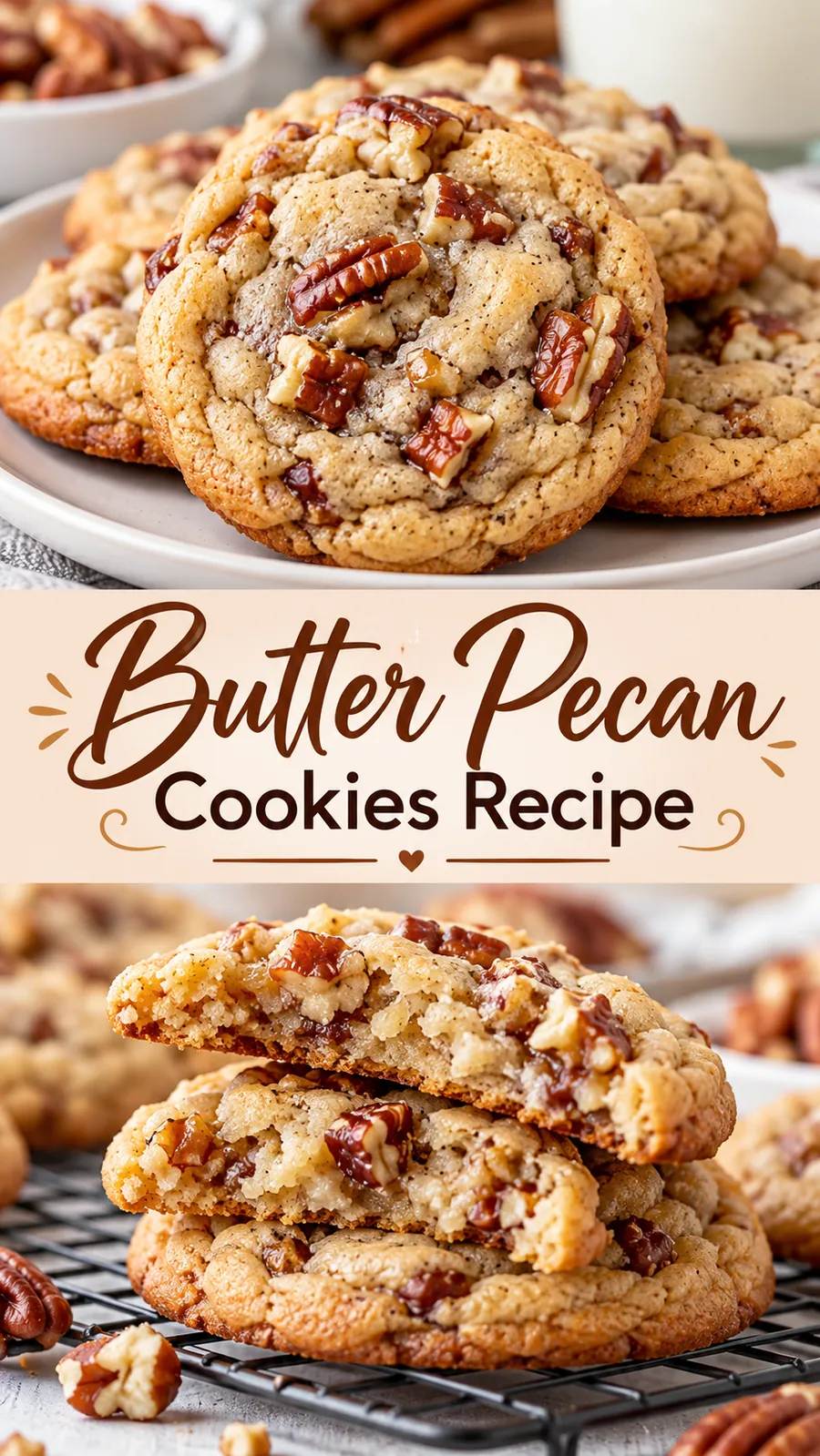 Pinterest image for Butter Pecan Cookies Recipe, with two photos of the recipe
