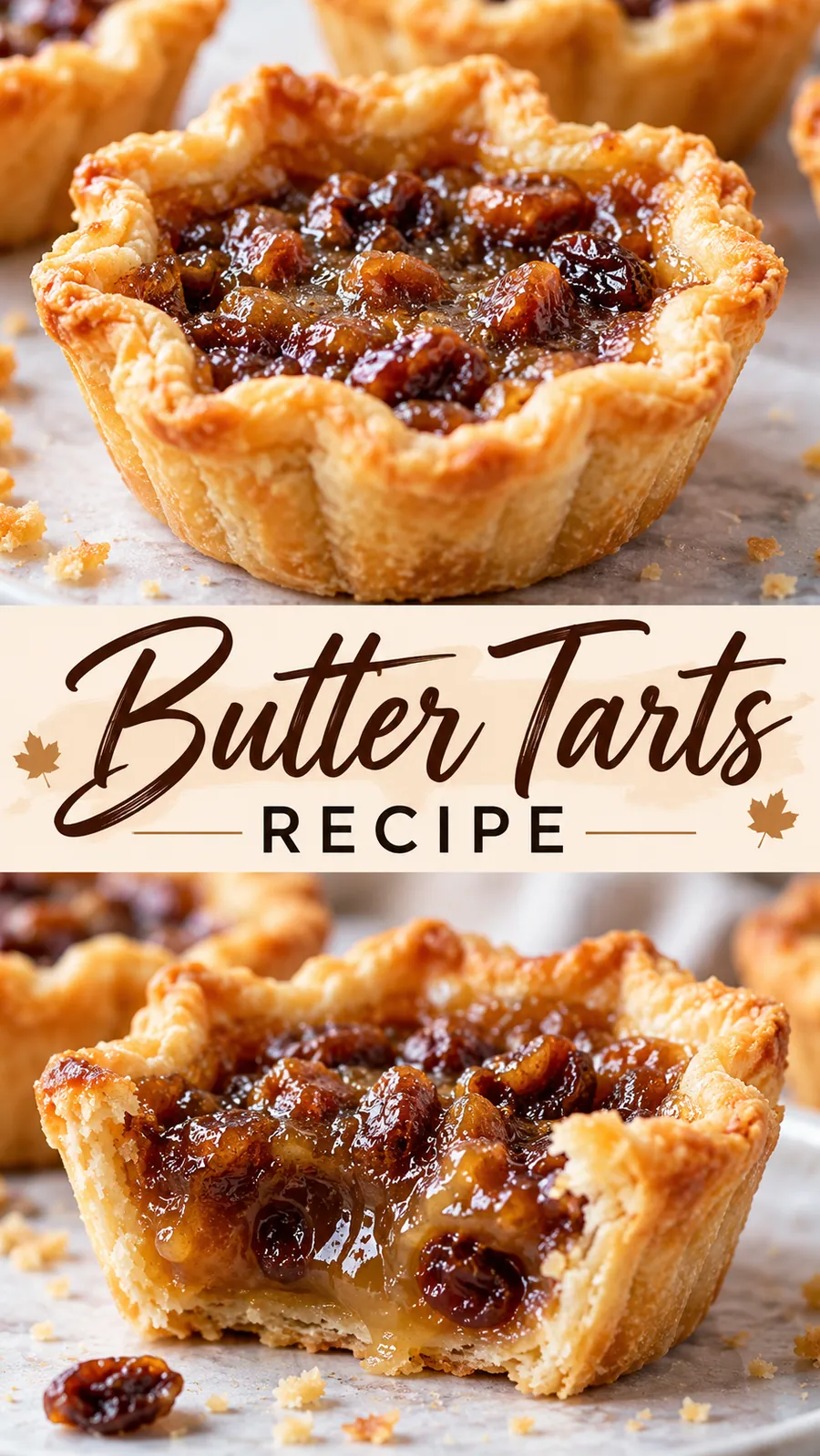 Pinterest image for Butter Tarts Recipe, with two photos of the recipe