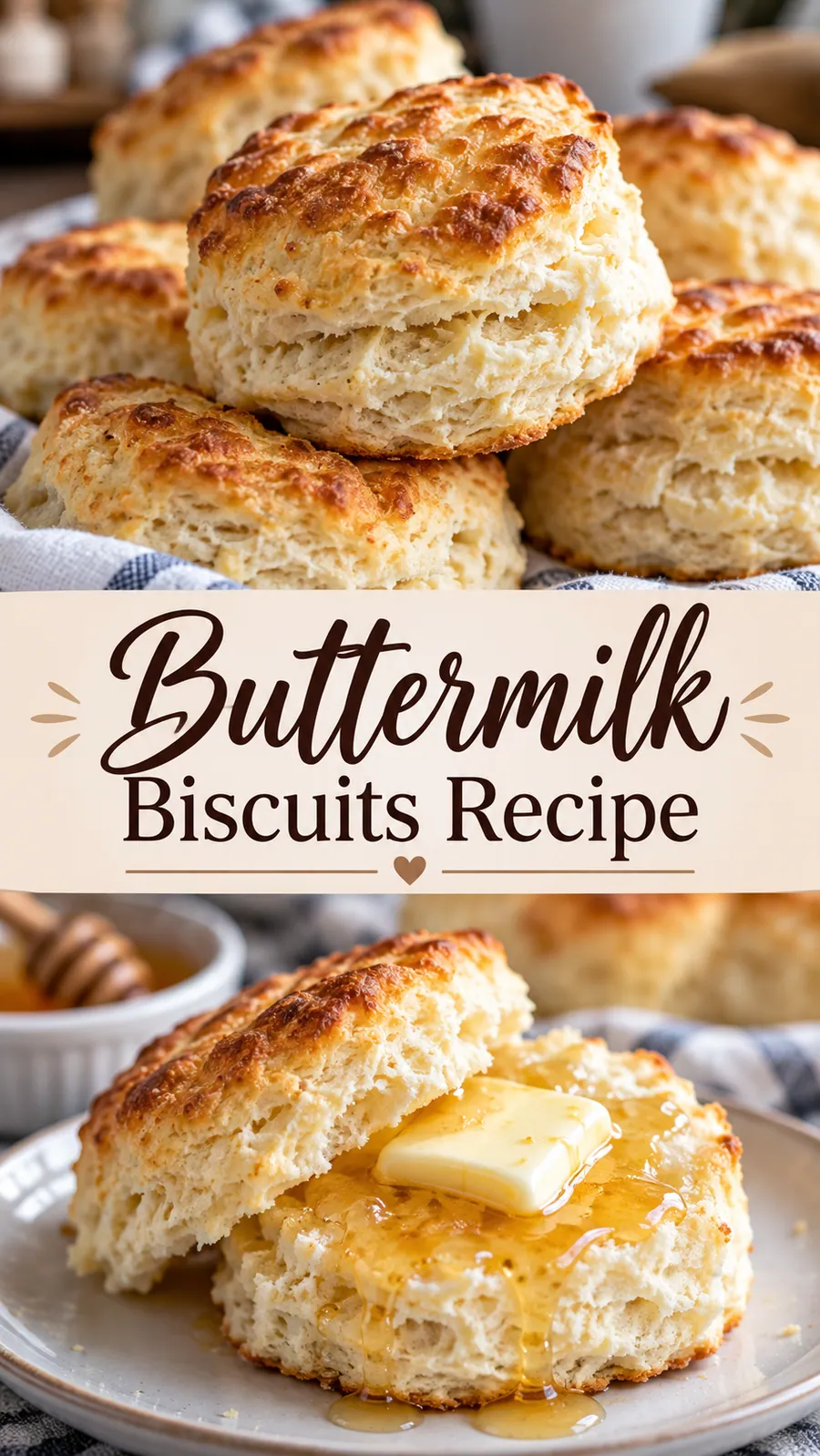 Pinterest image for Buttermilk Biscuits Recipe, with two photos of the recipe