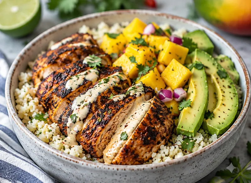 Cajun Chicken Cauliflower Rice Bowls with Mango and Avocado, ready to serve