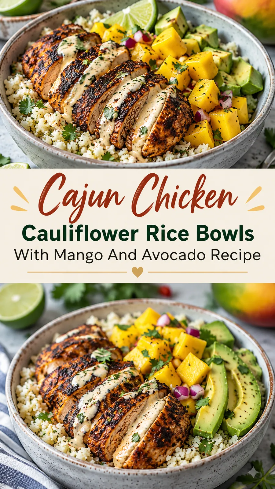 Pinterest image for Cajun Chicken Cauliflower Rice Bowls With Mango And Avocado Recipe, with two photos of the recipe