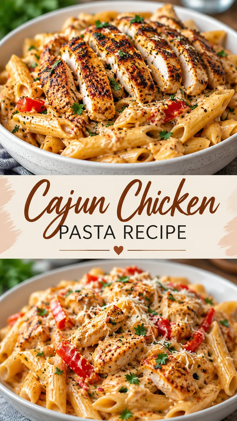 Pinterest image for Cajun Chicken Pasta Recipe, with two photos of the recipe