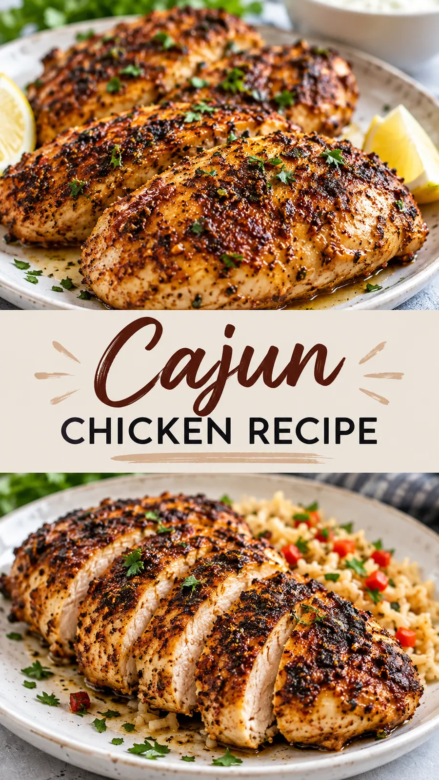 Pinterest image for Cajun Chicken Recipe, with two photos of the recipe