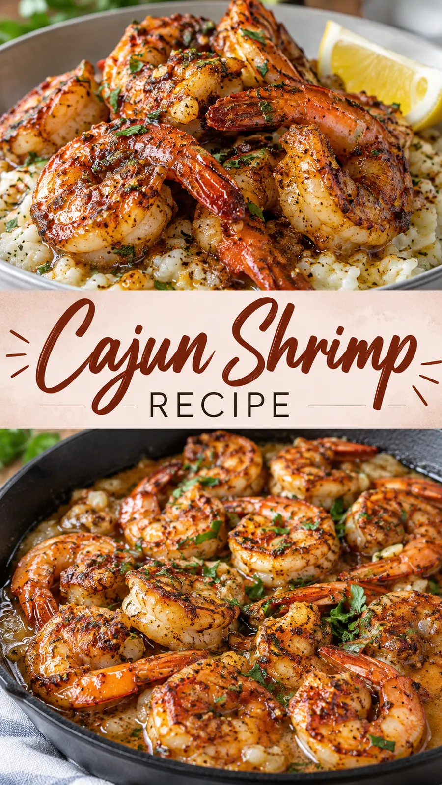 Pinterest image for Cajun Shrimp Recipe, with two photos of the recipe