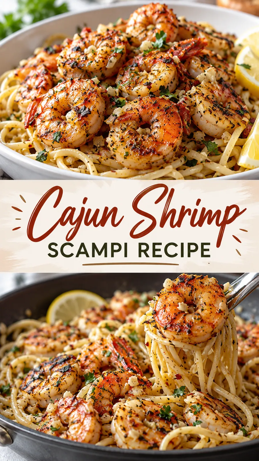Pinterest image for Cajun Shrimp Scampi Recipe, with two photos of the recipe