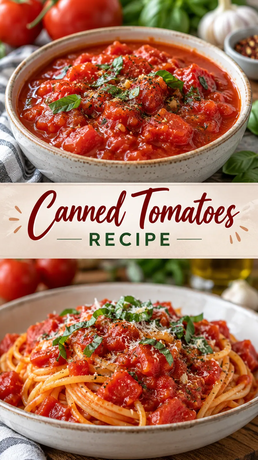 Pinterest image for Canned Tomatoes Recipe, with two photos of the recipe
