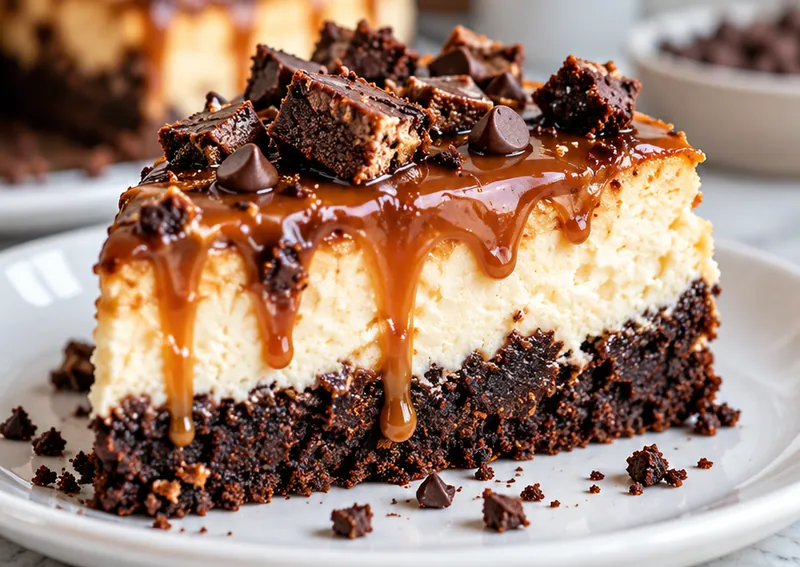 Caramel Brownie Cheesecake, ready to serve