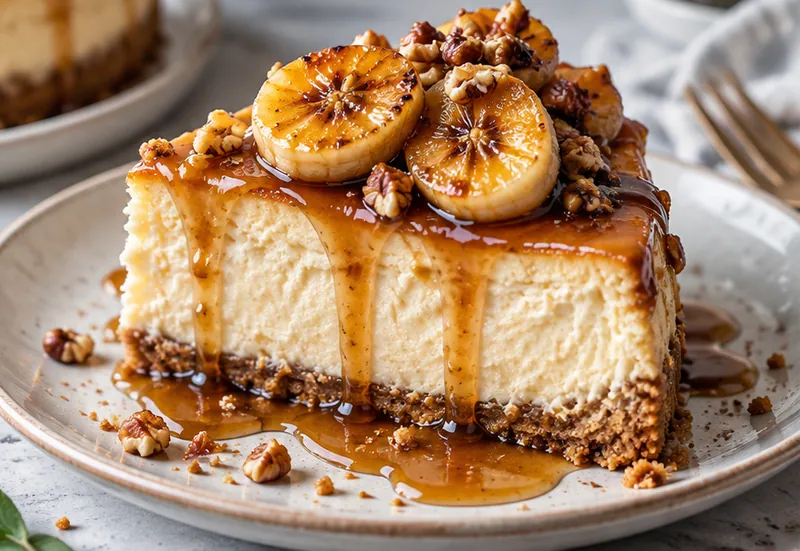 Caramelized Banana Cheesecake with Rum Glaze, ready to serve