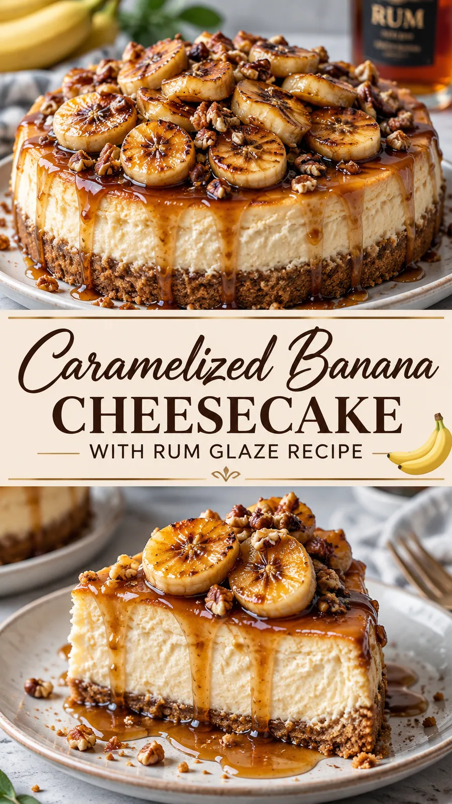 Pinterest image for Caramelized Banana Cheesecake With Rum Glaze Recipe, with two photos of the recipe