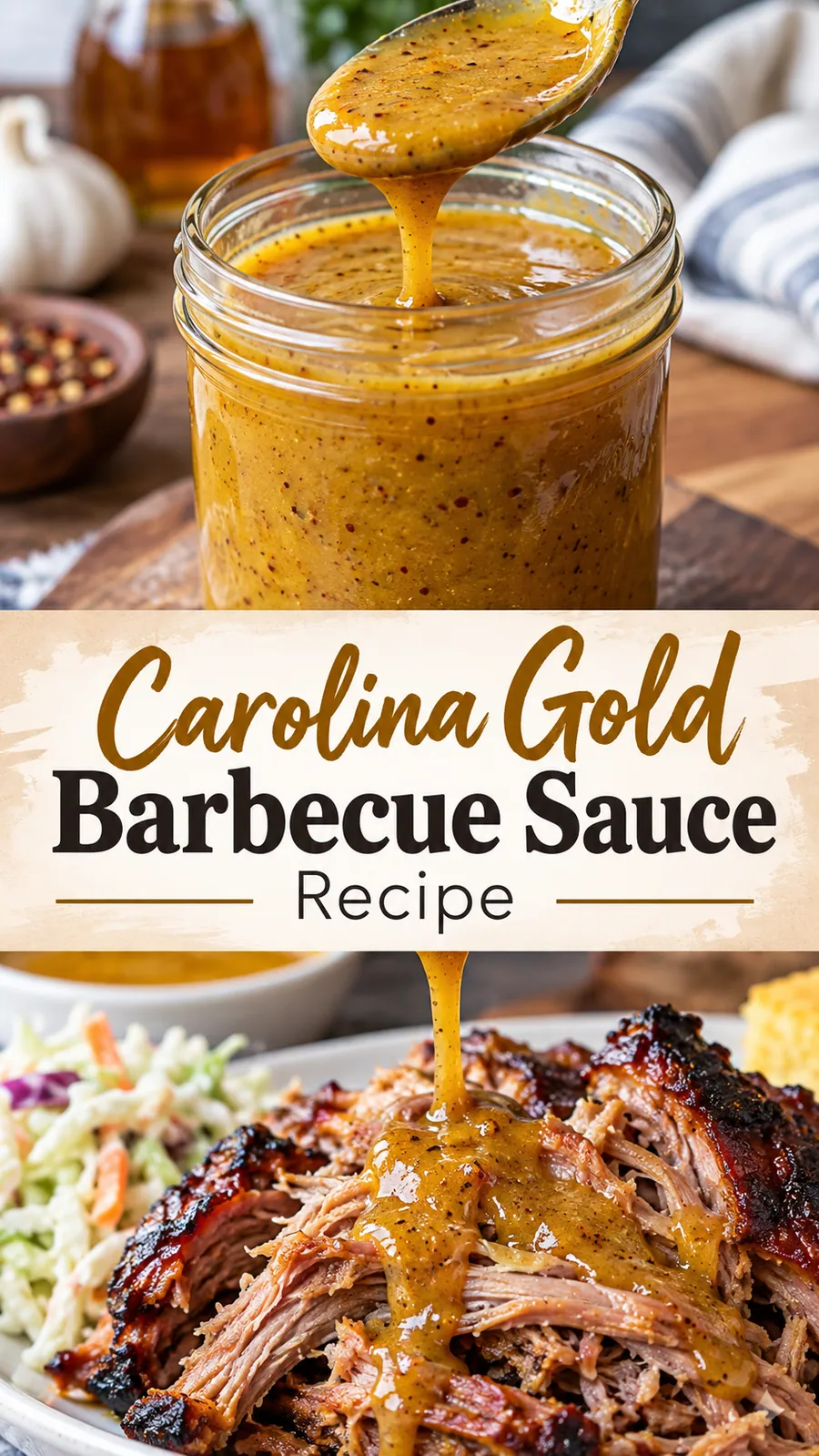 Pinterest image for Carolina Gold Barbecue Sauce Recipe, with two photos of the recipe