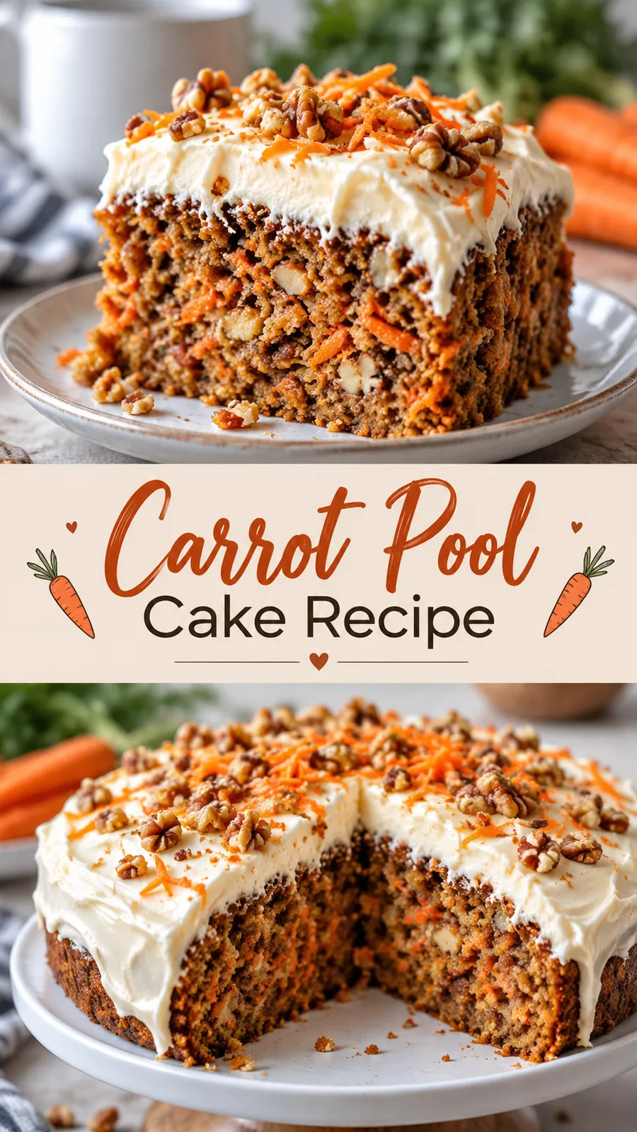 Pinterest image for Carrot Pool Cake Recipe, with two photos of the recipe