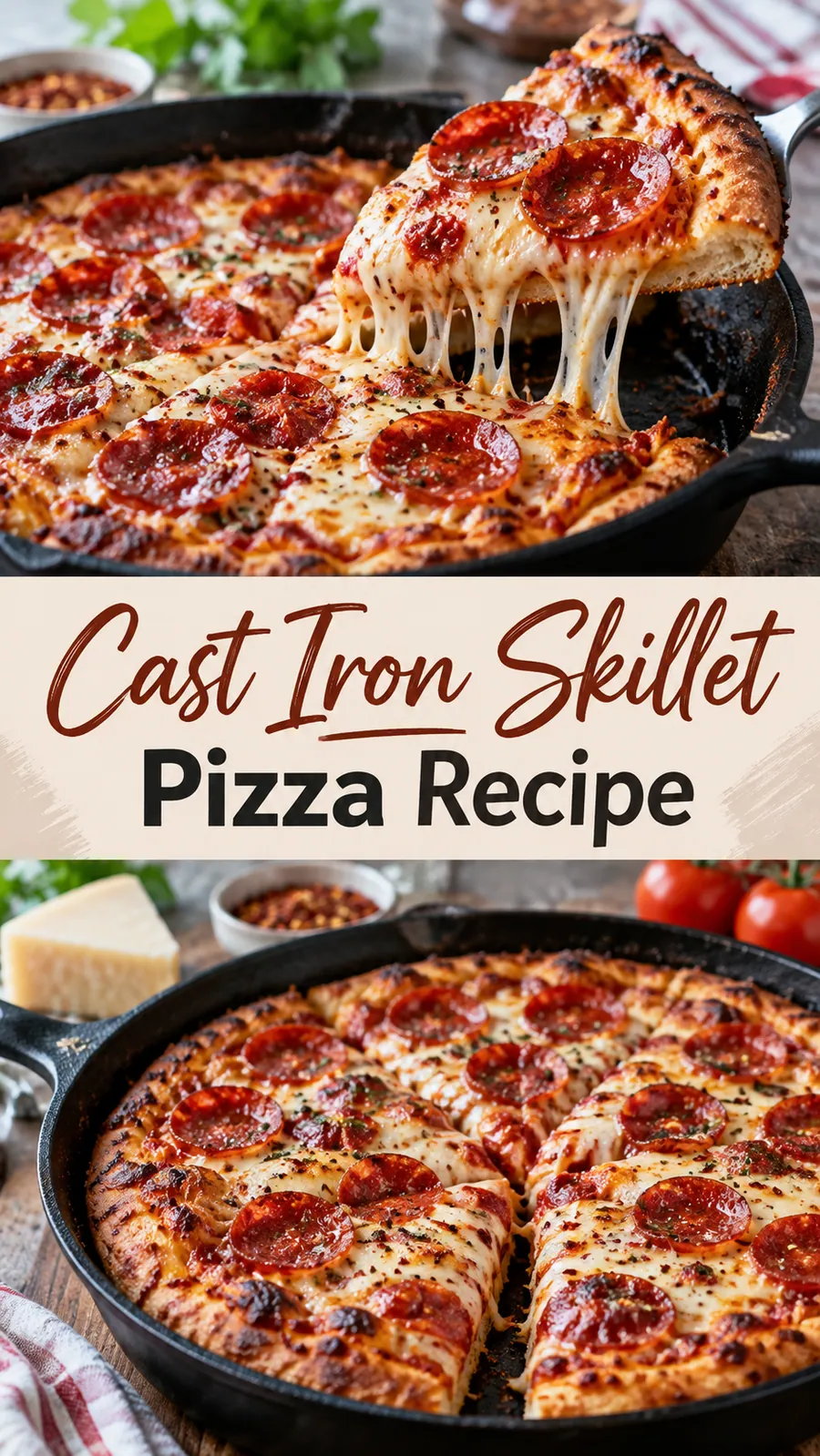 Pinterest image for Cast Iron Skillet Pizza Recipe, with two photos of the recipe