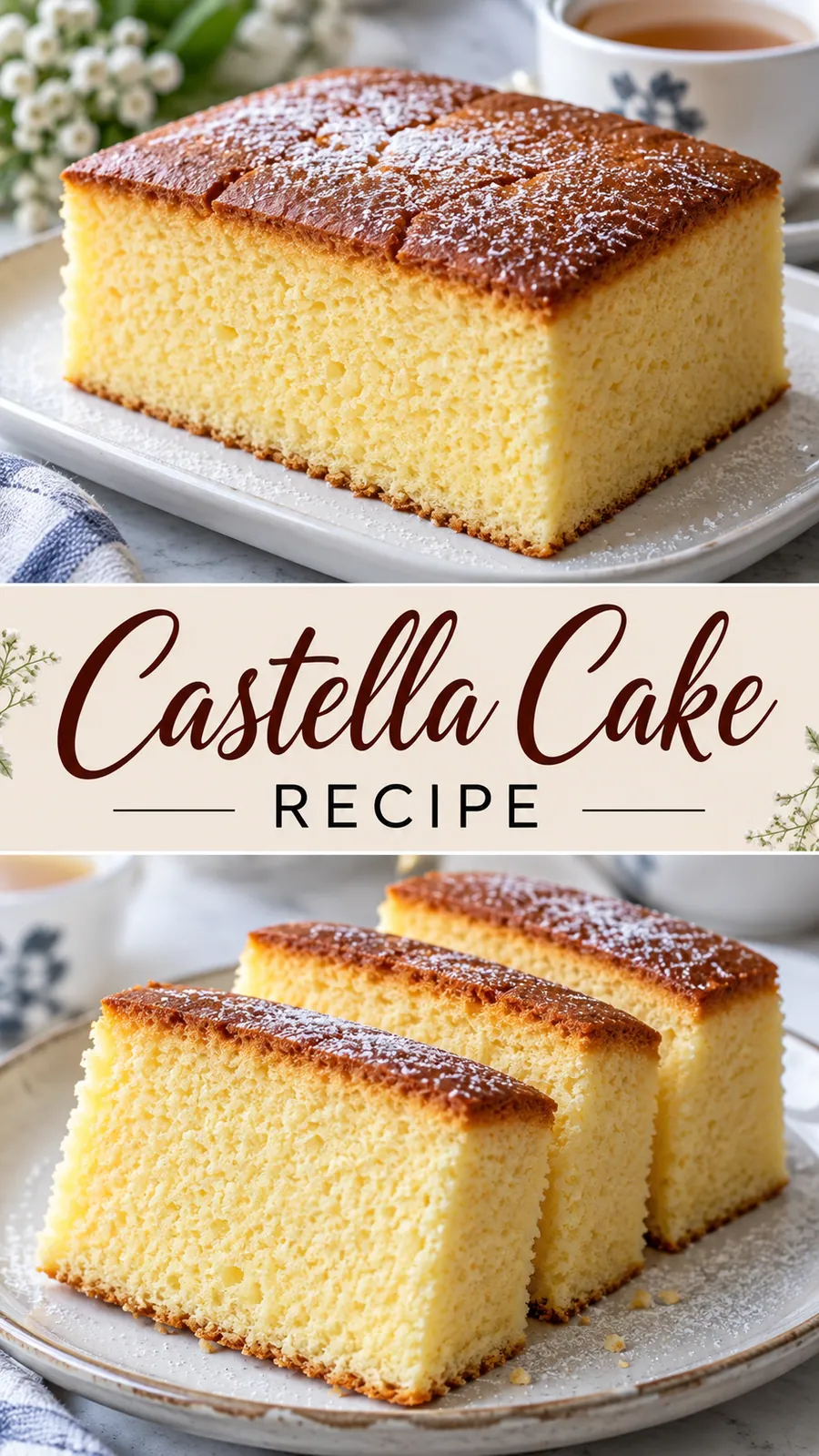 Pinterest image for Castella Cake Recipe, with two photos of the recipe