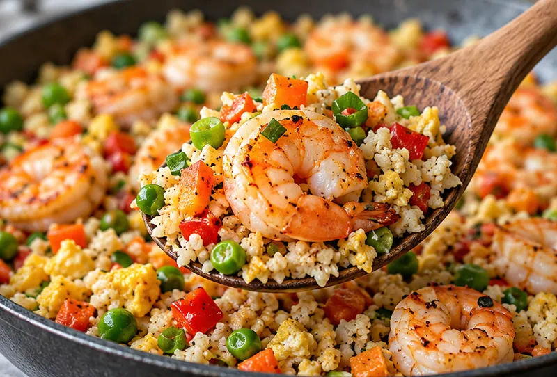 Cauliflower Fried Rice with Shrimp, ready to serve