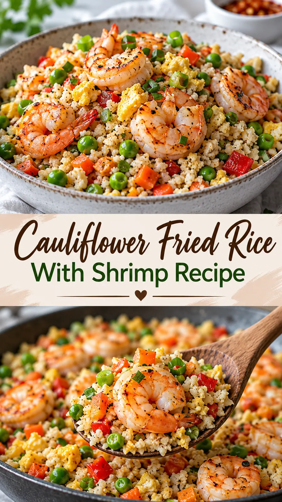 Pinterest image for Cauliflower Fried Rice With Shrimp Recipe, with two photos of the recipe
