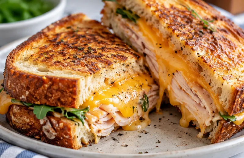 Cheddar and Turkey Melt on Sourdough, ready to serve