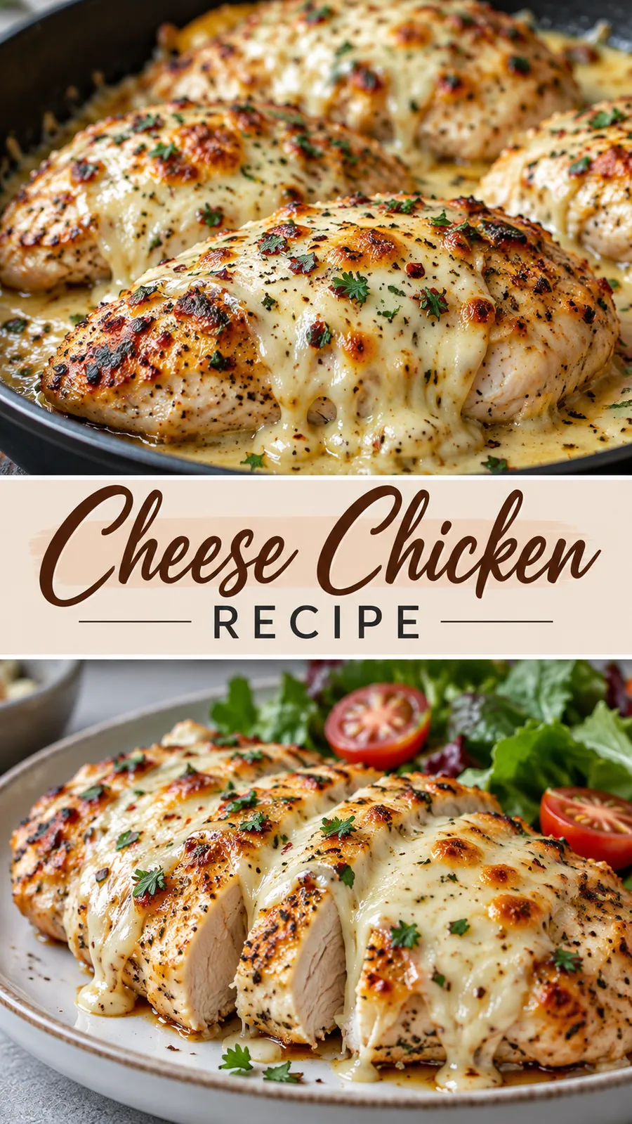 Pinterest image for Cheese Chicken Recipe, with two photos of the recipe