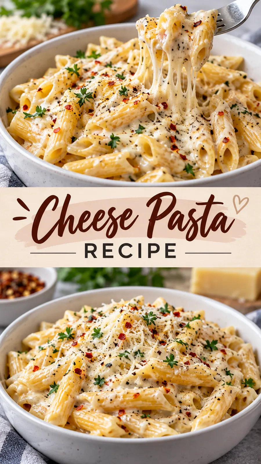 Pinterest image for Cheese Pasta Recipe, with two photos of the recipe