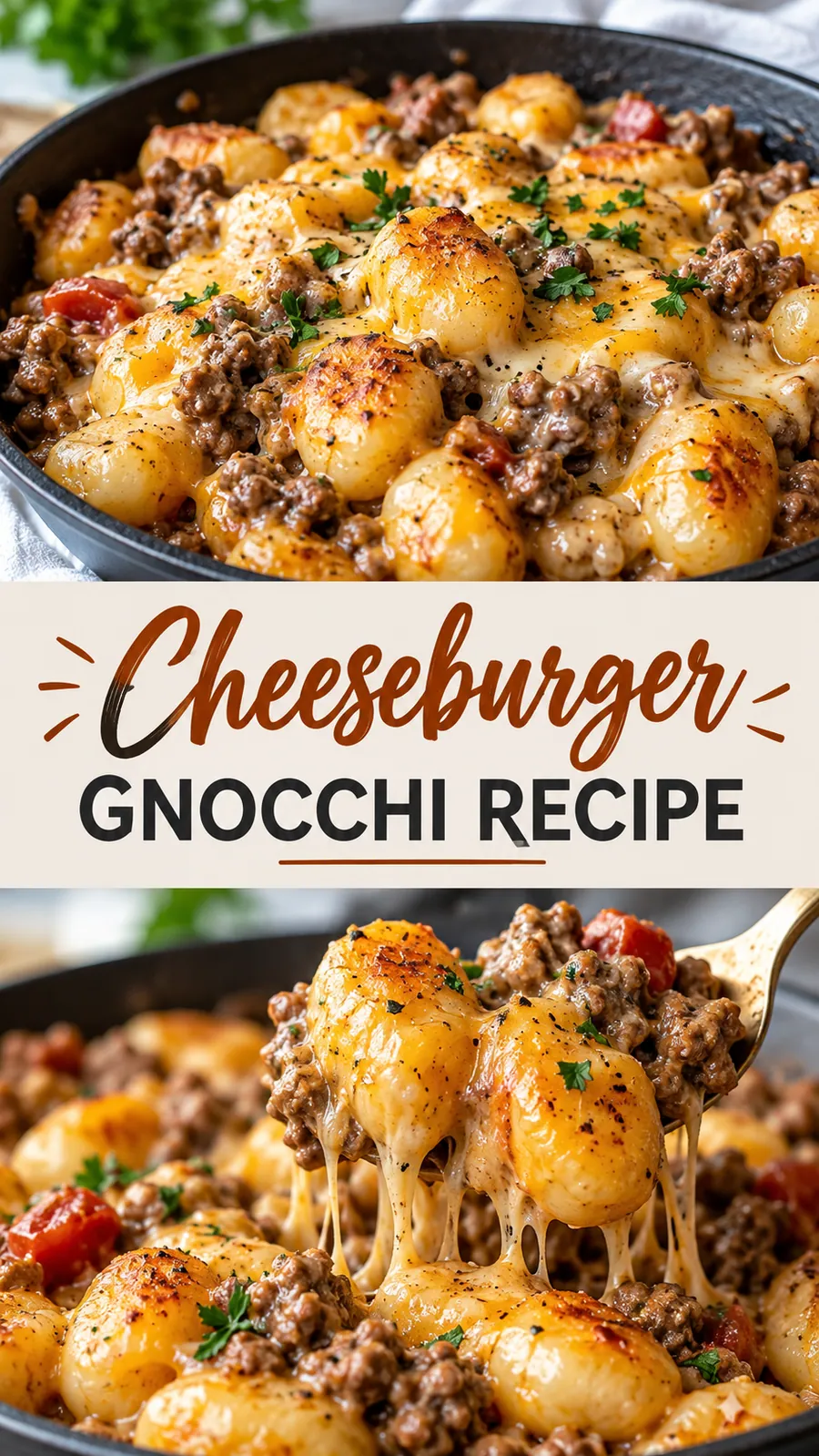 Pinterest image for Cheeseburger Gnocchi Recipe, with two photos of the recipe