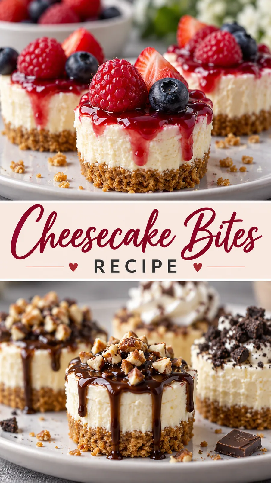 Pinterest image for Cheesecake Bites Recipe, with two photos of the recipe