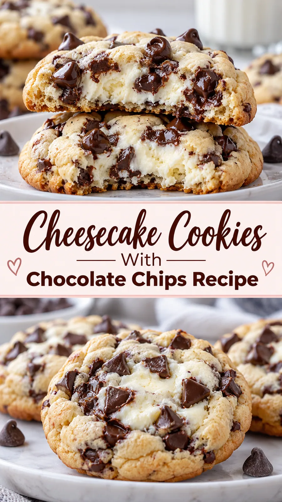 Pinterest image for Cheesecake Cookies With Chocolate Chips Recipe, with two photos of the recipe