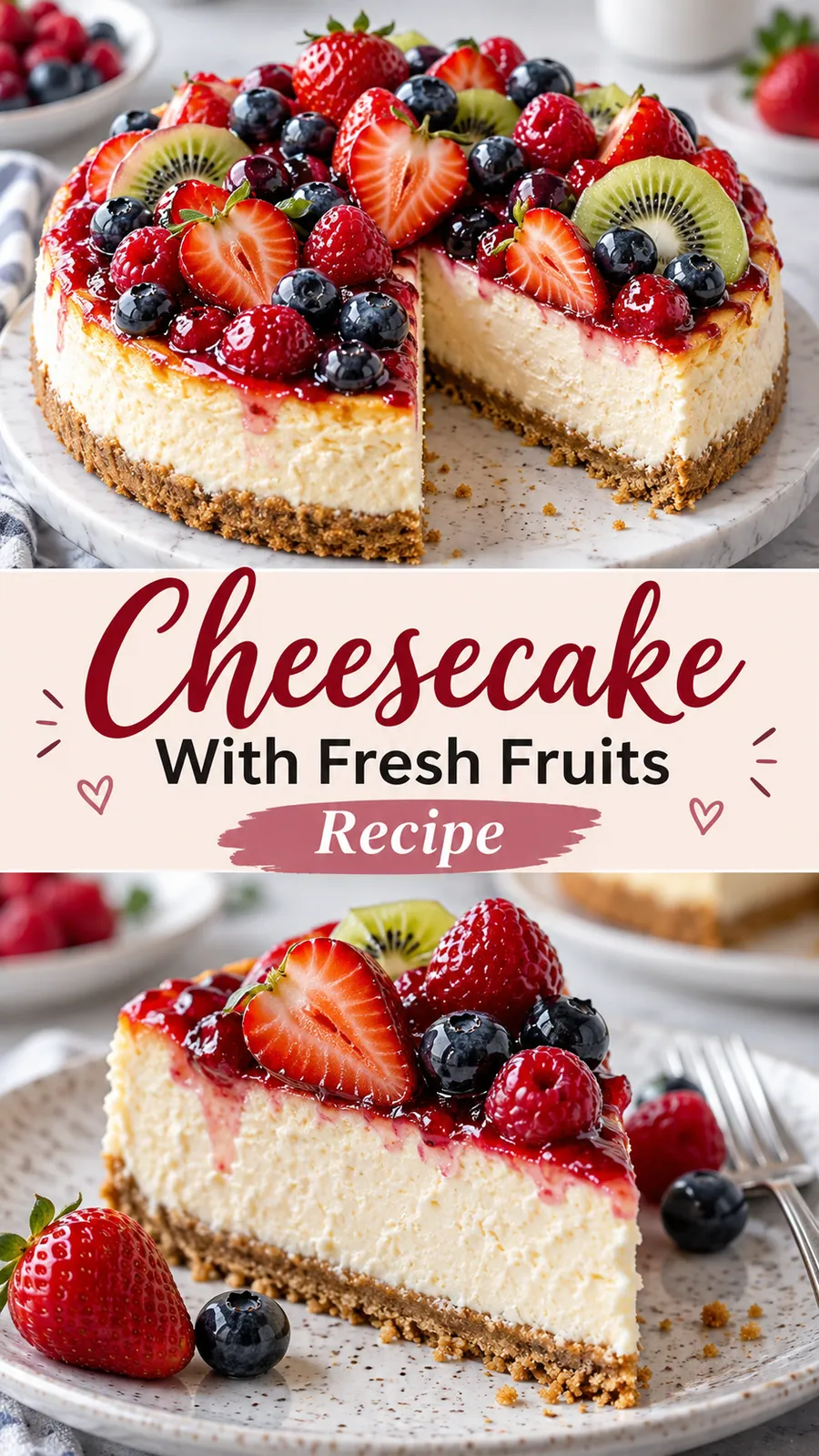 Pinterest image for Cheesecake With Fresh Fruits Recipe, with two photos of the recipe