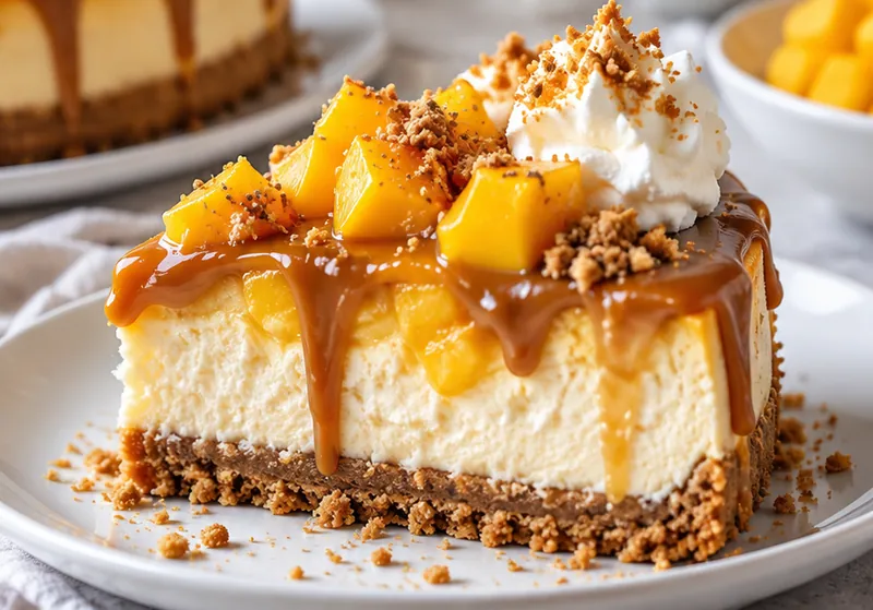 Cheesecake with Mango and Dulce de Leche, ready to serve